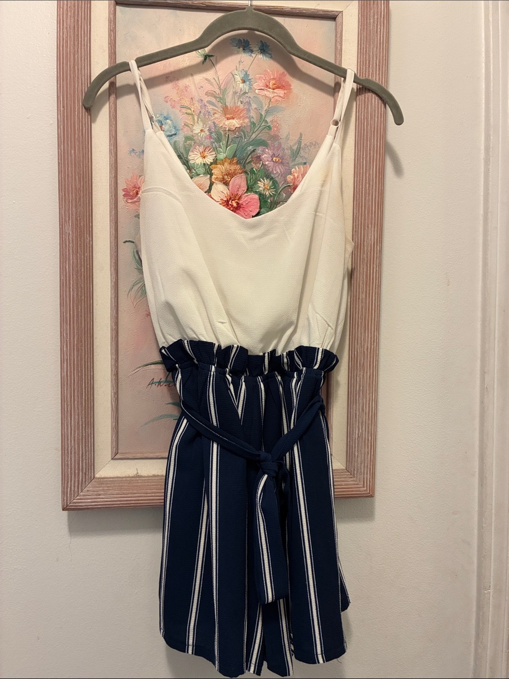 Lily Rose Cream & Navy Striped Paperbag Waist Romper
